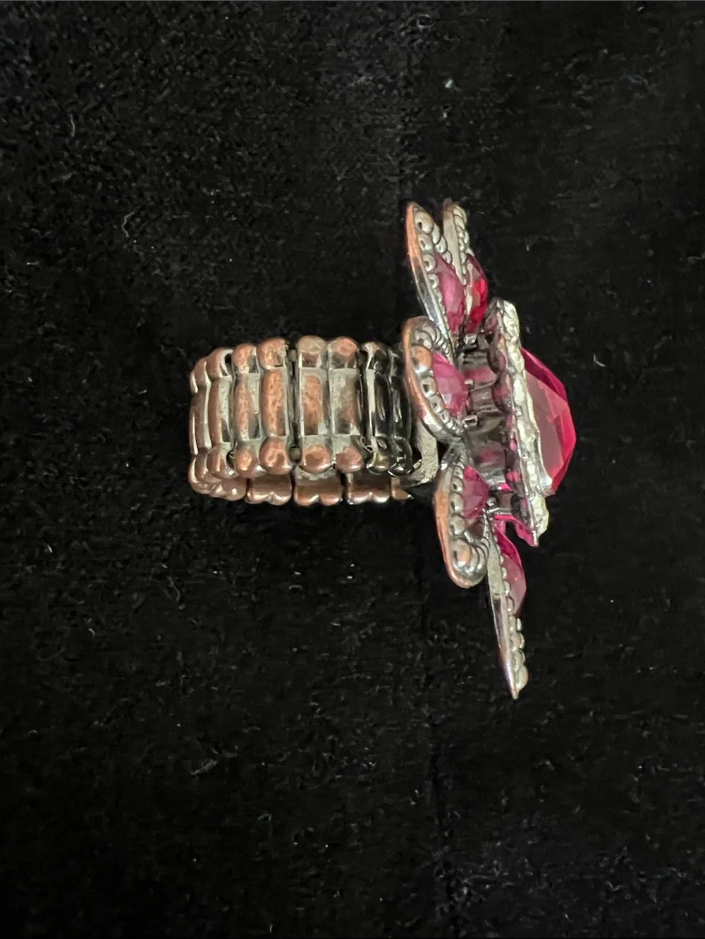 Pink Floral Statement Ring with Silver-Tone Detailing